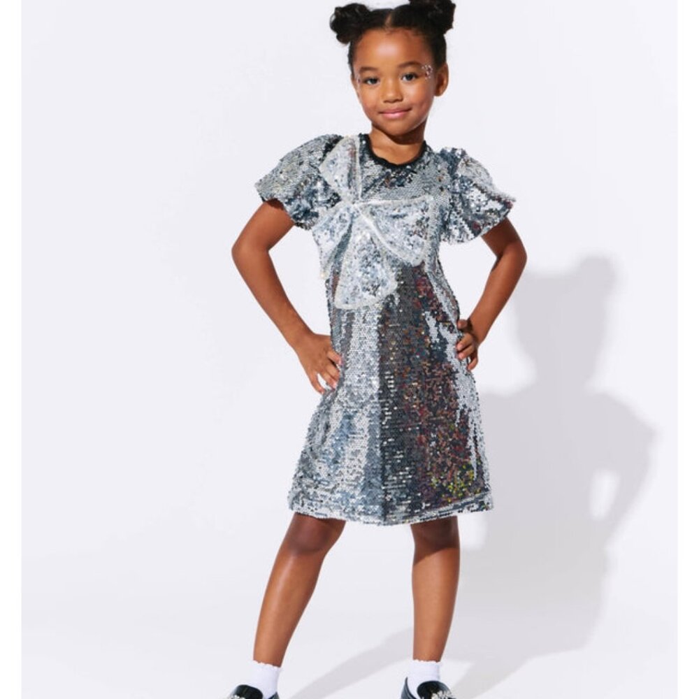 NWT Lola and the Boys Sparkling Silver Sequin Bow Dress
